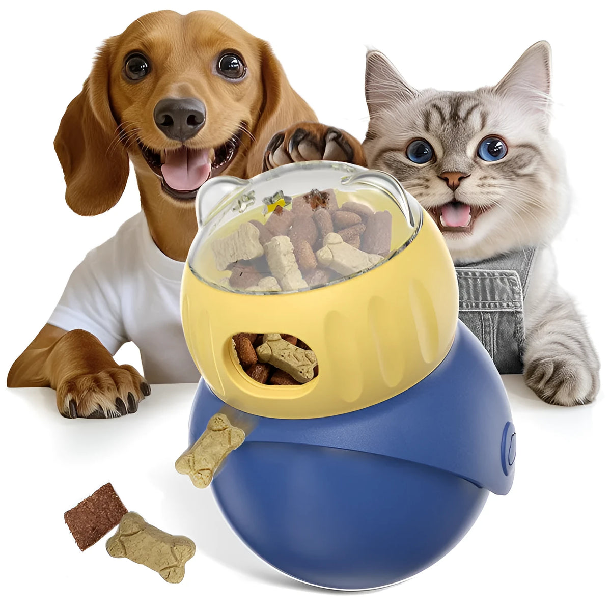 Owl-shaped yellow and blue plastic cat food puzzle feeder with self-service portion control