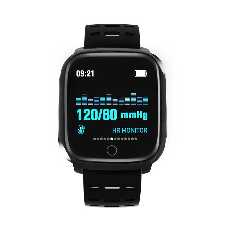 F16 Smart Watch with ECG monitor on a silicone wristband, showing the IPS display and touch-button controls.