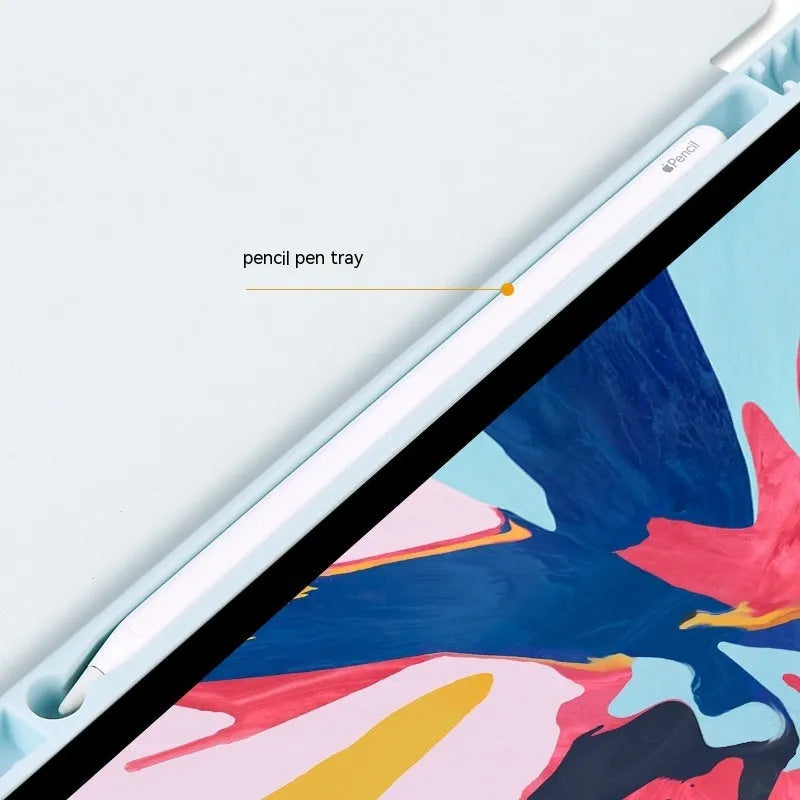 Acrylic Y-folding soft imitation leather iPad case in multiple colours, showing stand function and pen slot.