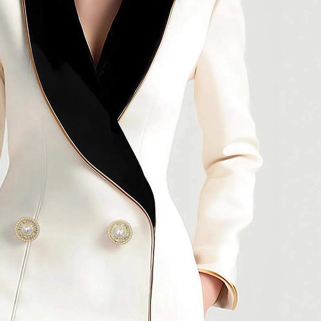 Women's beige long sleeve coat with irregular hemline and golden pearl buttons on a hanger.