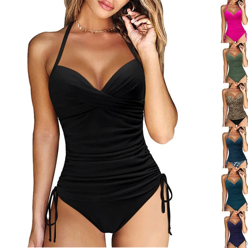 Women's black high-waist nylon bikini set with backless design for swimming sports