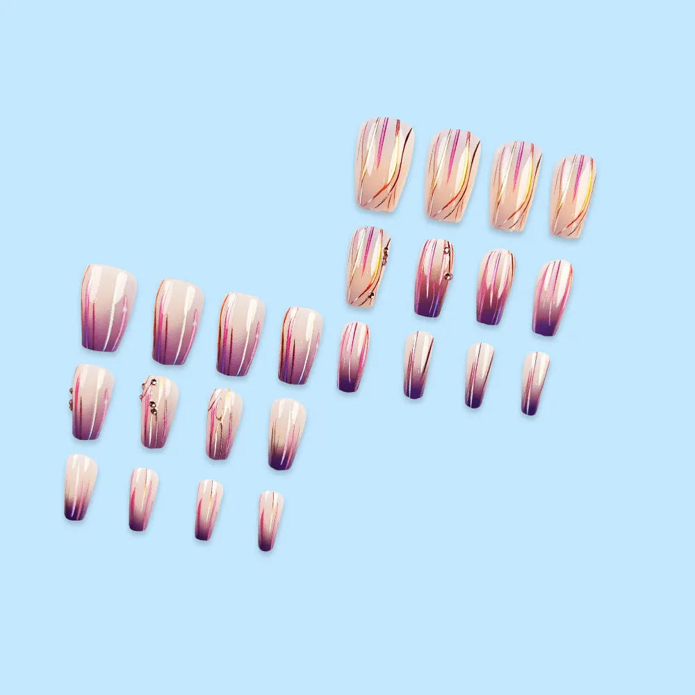 Magic purple line gradient nail stickers with starry sky pattern and jelly glue for short ballet nails