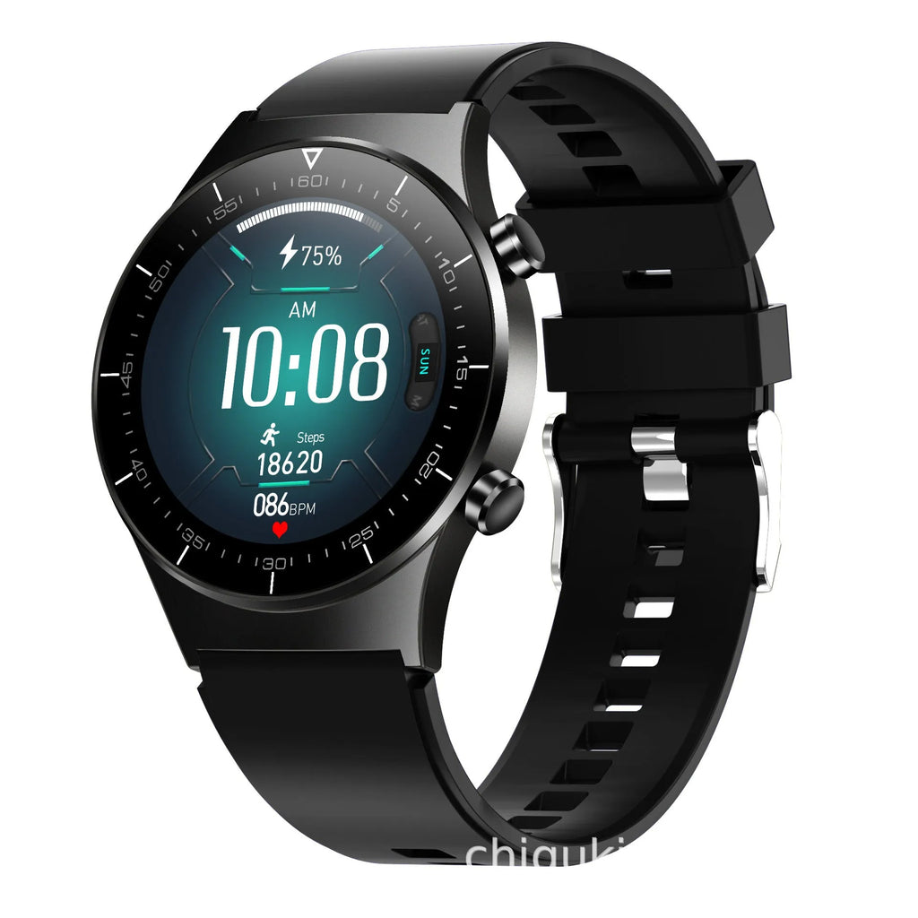 Black smart watch with 1.3 inch screen and TPU sports bracelet displaying health metrics