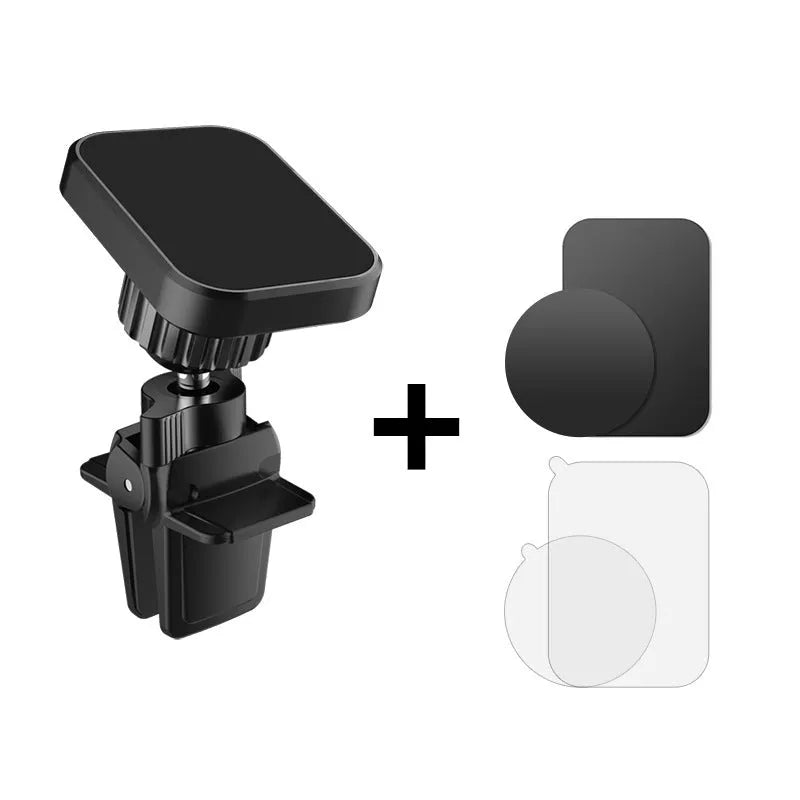 Black car magnetic phone holder attached to vehicle air vent with mobile phone mounted