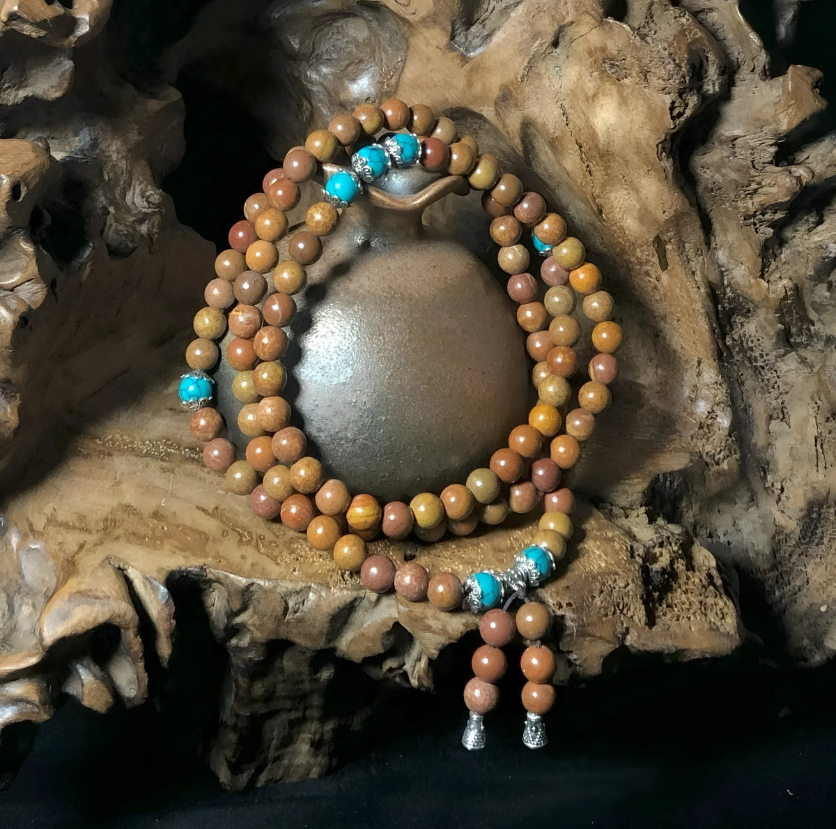 108 Lvzhu stone bead bracelet with geometric design and hand-polished 5-6mm beads