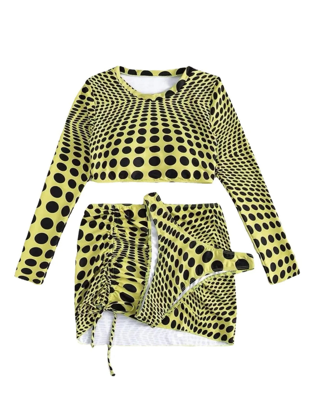 Women's green polka dot swimsuit three-piece set with bra, top and skirt on hanger