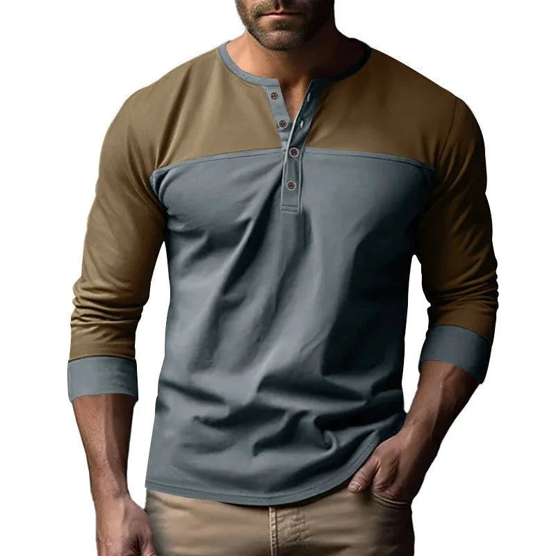 Men's long sleeve casual T-shirt with Henry collar in retro colour matching design