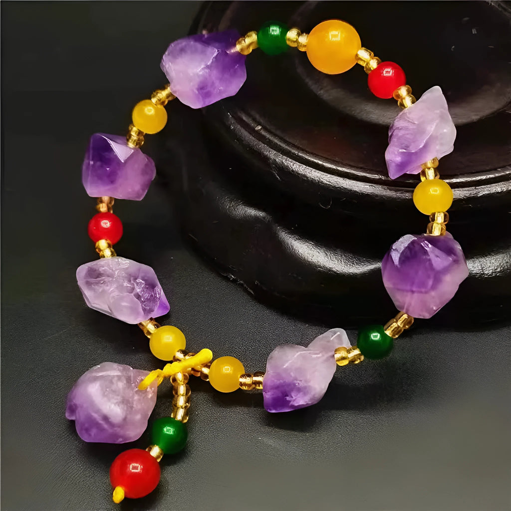 Purple amethyst bracelet with natural-shaped beads and fu character element detail
