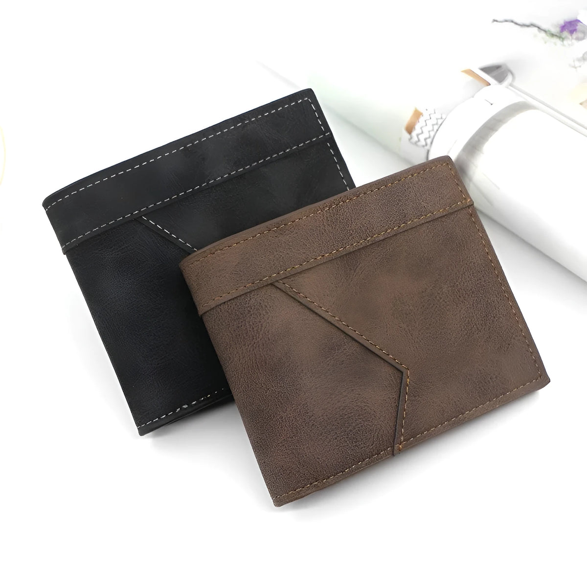 Men's short PU leather wallet, 11.5cm horizontal square, matte rhombus pattern, black brown