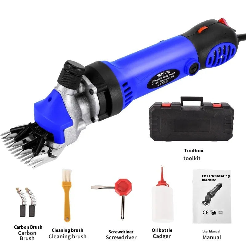 Yellow electric wool shearing machine with 110V plug and multiple blade sets in plastic storage box