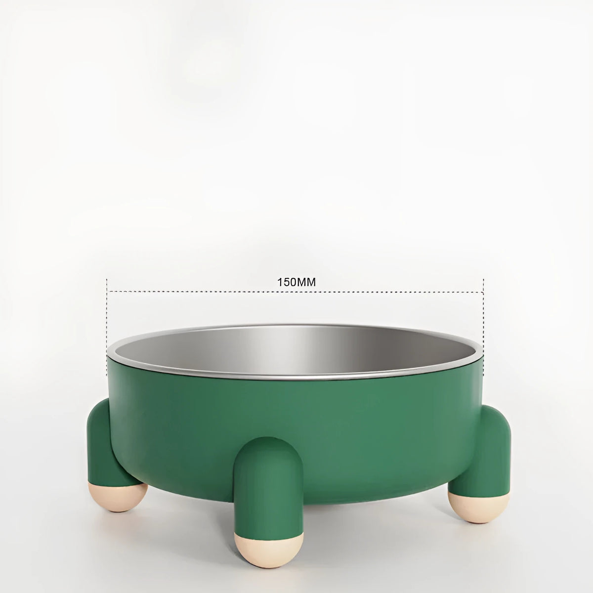Green stainless steel non-slip pet bowl with anti-overturn high foot design for dogs and cats.