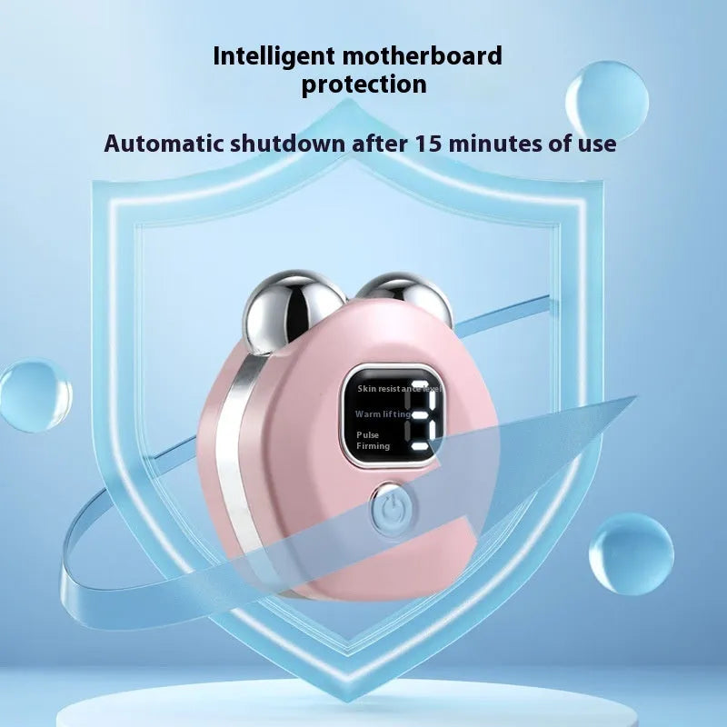 Portable micro current beauty instrument with hot compress function and double-roller facial massage heads