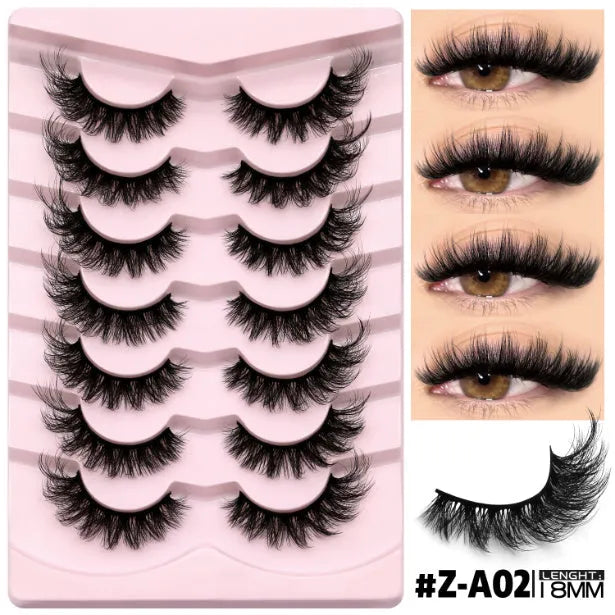 Box of natural false eyelashes with six style options and included adhesive glue tube.