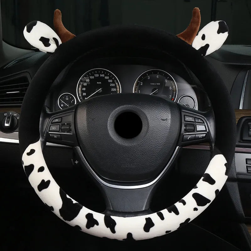 Black short plush car steering wheel cover with protective handle area on steering wheel