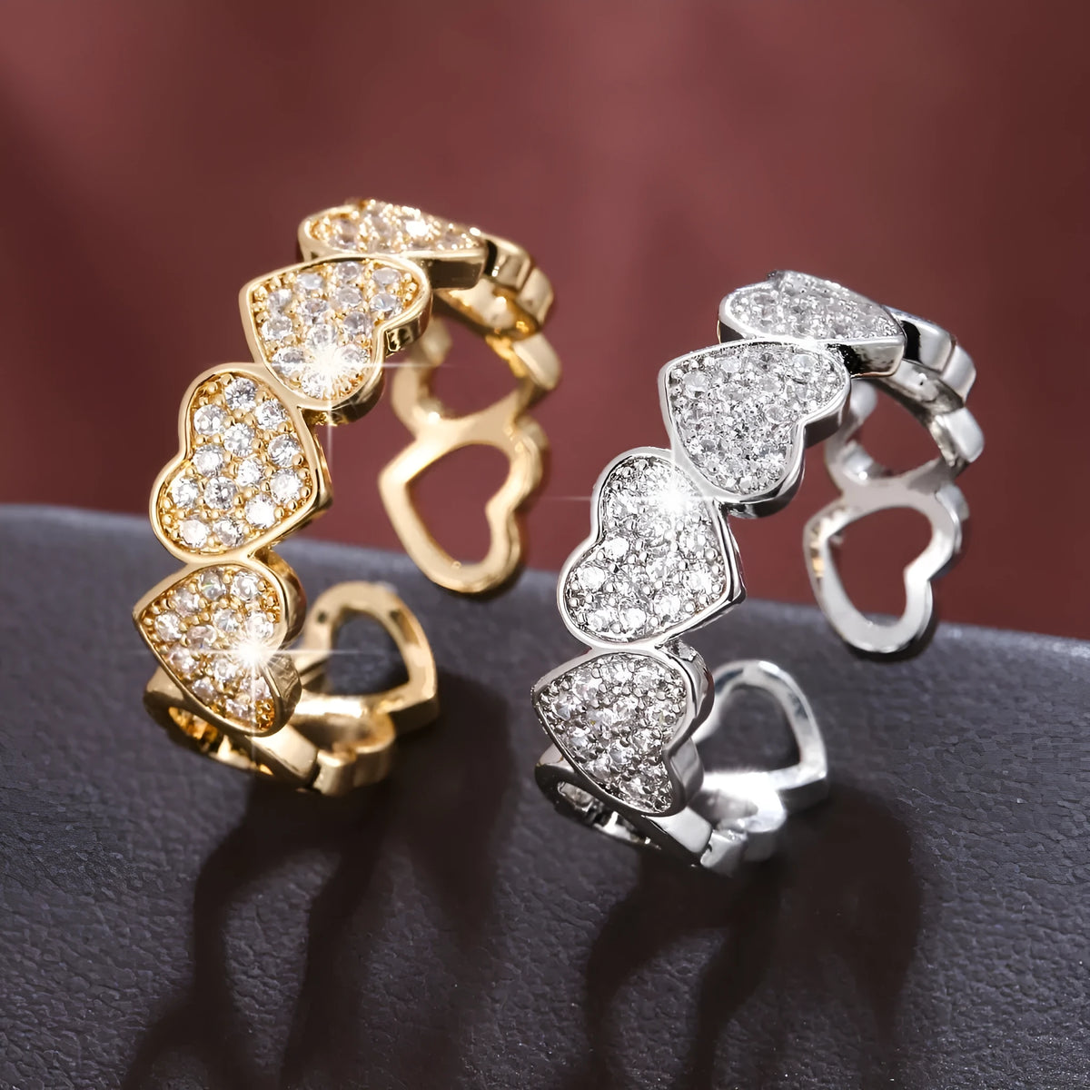 Adjustable geometric copper couples ring with heart design in gold colour