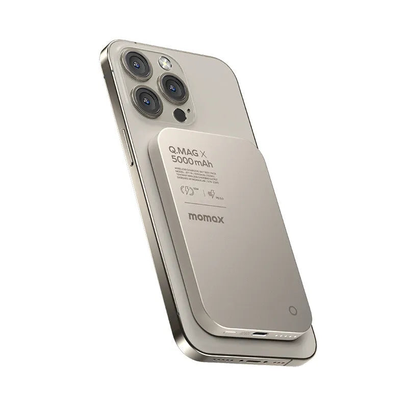 Magnetic wireless power bank with alloy shell in black or titanium gold colour with creative design