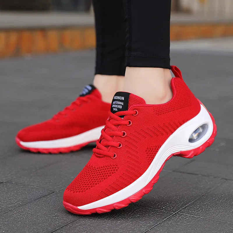 Women's red round toe mesh sneakers with front lace-up and 3-5cm mid heel for sports
