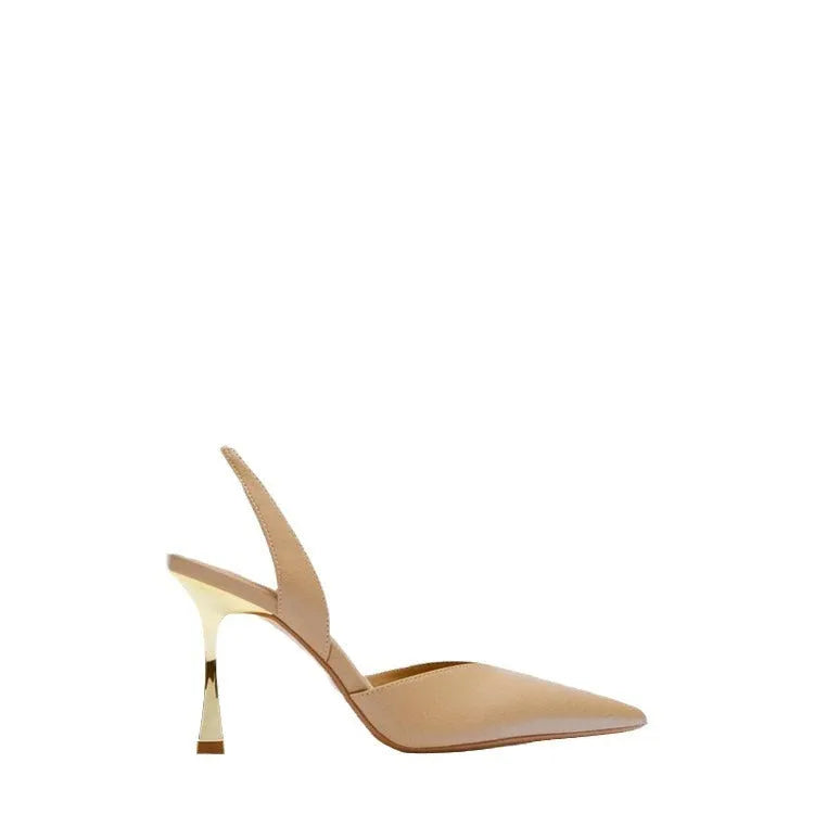 Korean-style women's pointed high heels in patent leather with shallow mouth cut, black and apricot colours