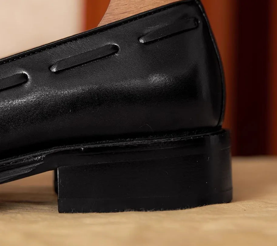 Men's black genuine leather loafers with fringed design and rubber sole