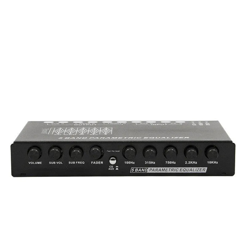 Black car audio EQ tuning amplifier with control panel for frequency and volume adjustment