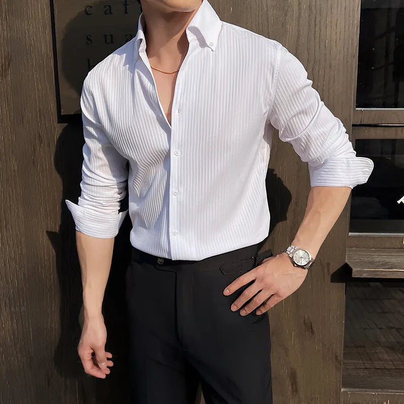 Men's dark striped V-neck long sleeve casual shirt in regular fit cardigan style