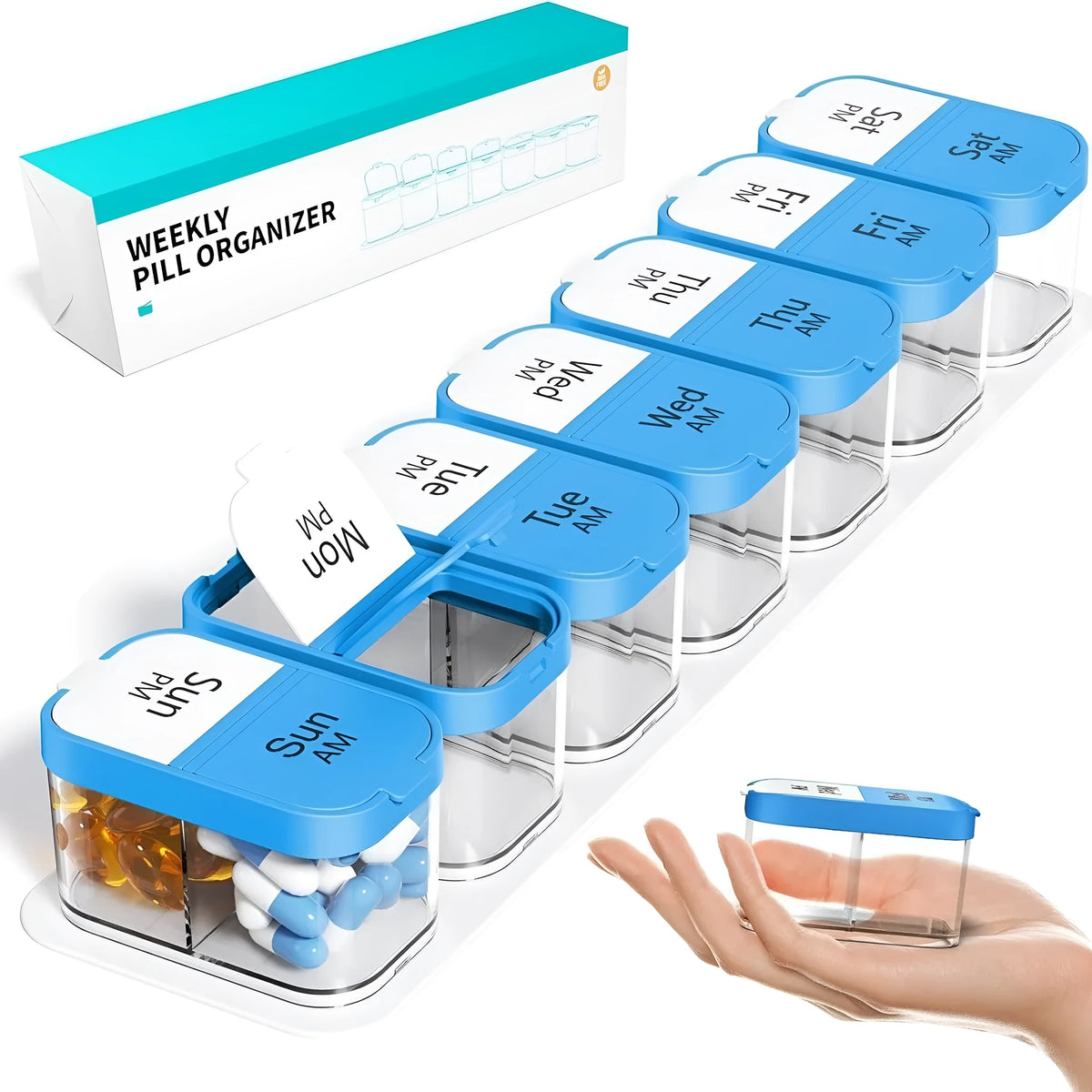 14 compartment plastic pill organiser with removable daily trays in rainbow colour option showing dimensions