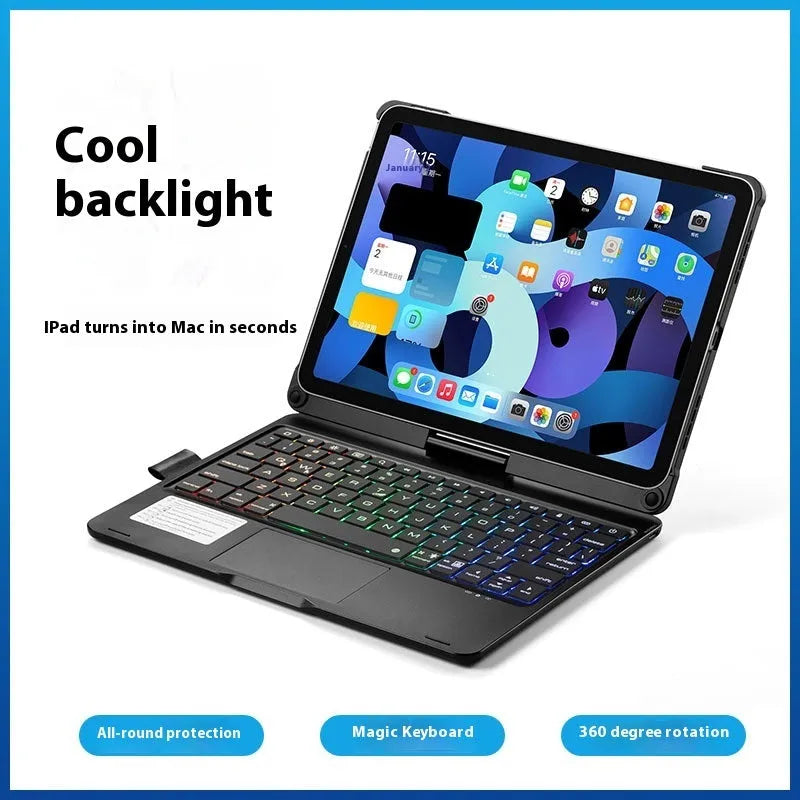 Miaocontrol Bluetooth keyboard with rotating stand for iPad showing rose gold, silver, and black colour options