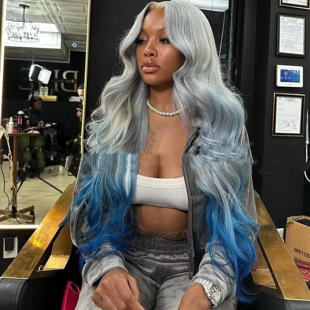 Grey blue gradient human hair lace front wig with natural-looking hairline