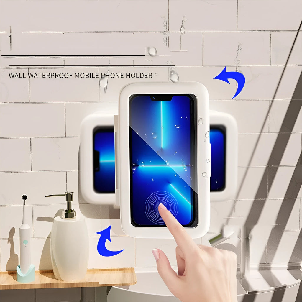 White waterproof phone holder with clear touch screen mounted on bathroom tile