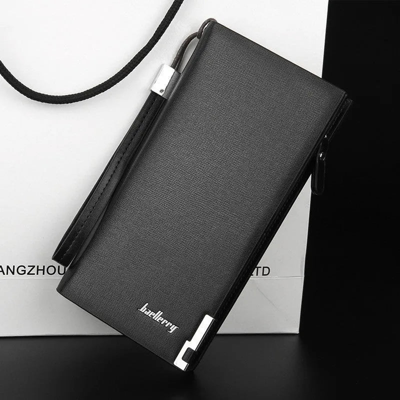 Black PU leather men's wallet with full-length zipper showing organised card and coin compartments