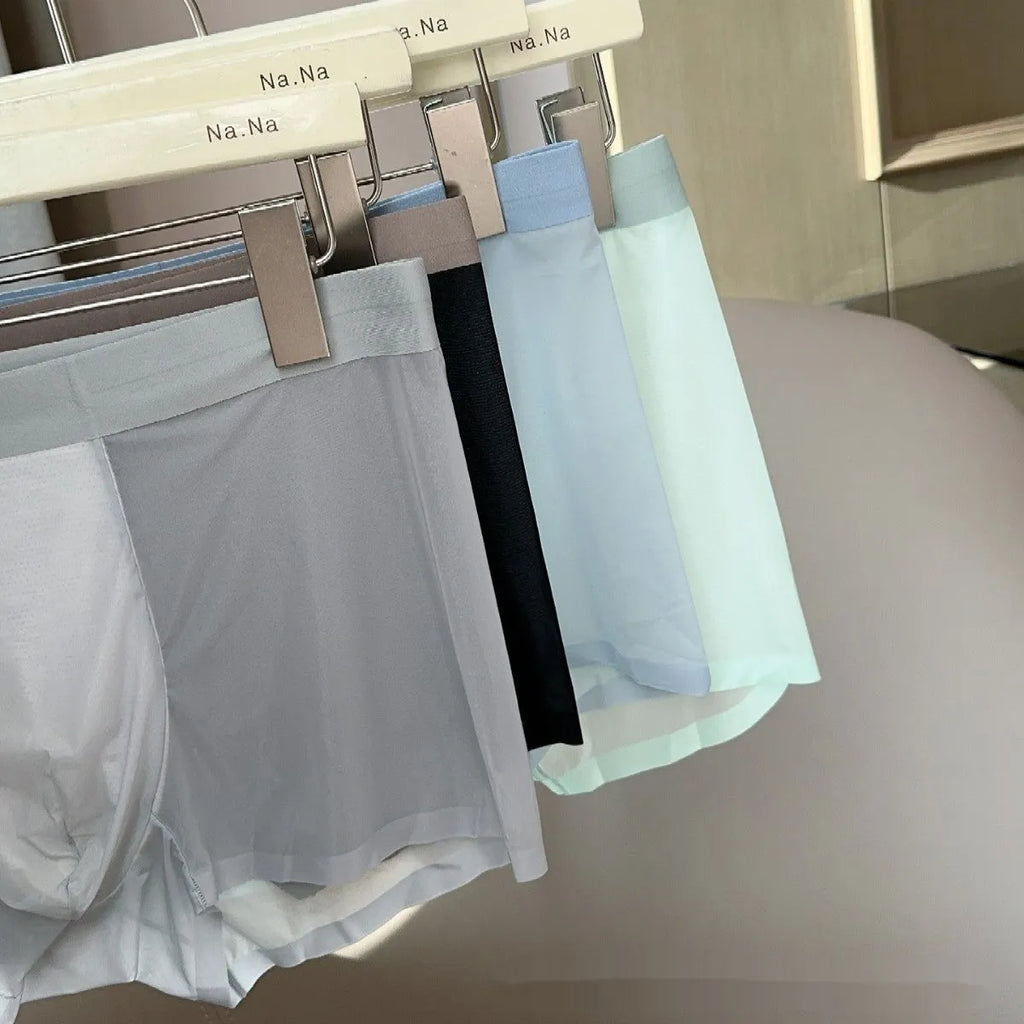 Seamless ultra-thin men's boxers in Ice Silk fabric showing the honeycomb crotch design.