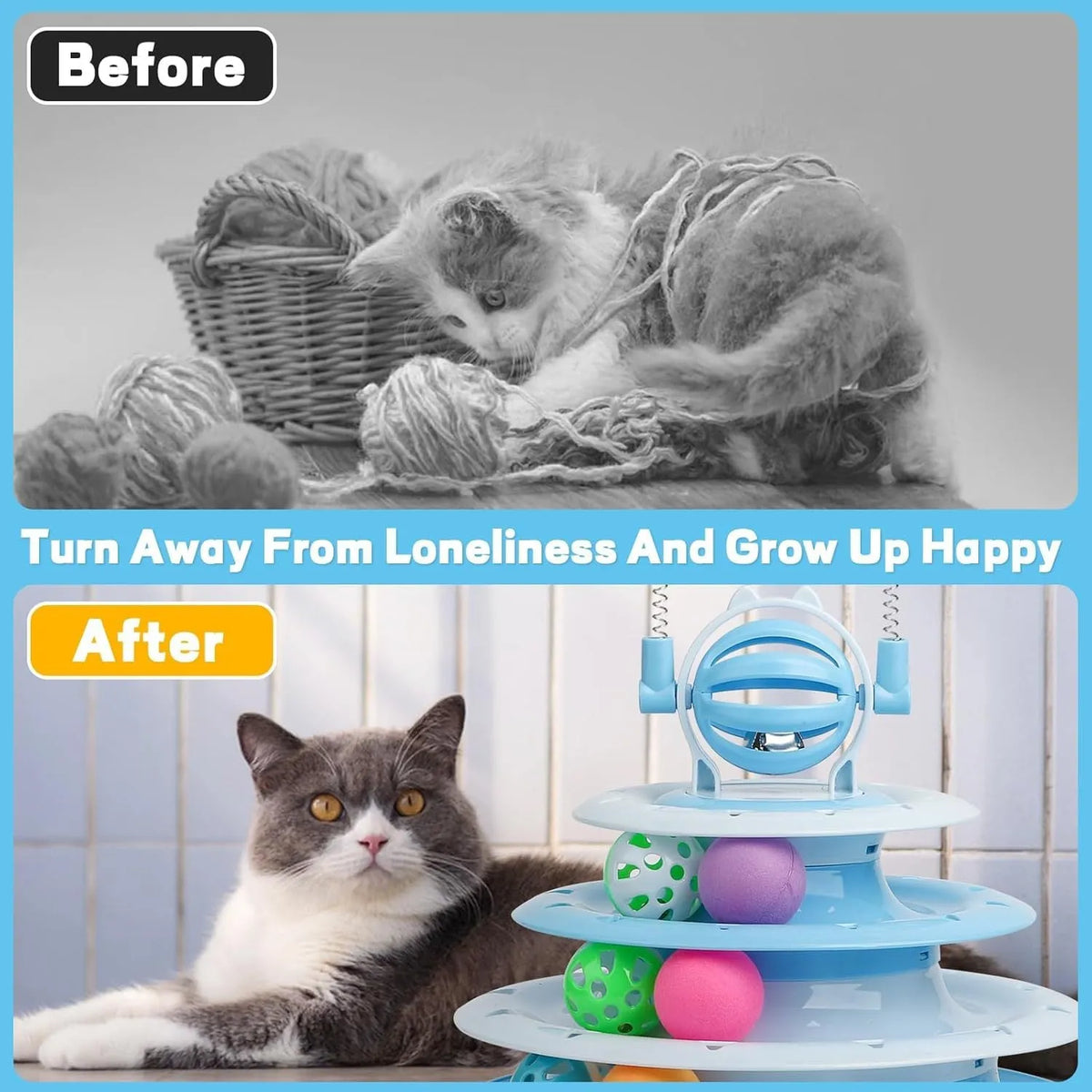 Blue 4-tier cat puzzle toy with balls and teasing rods on non-slip base
