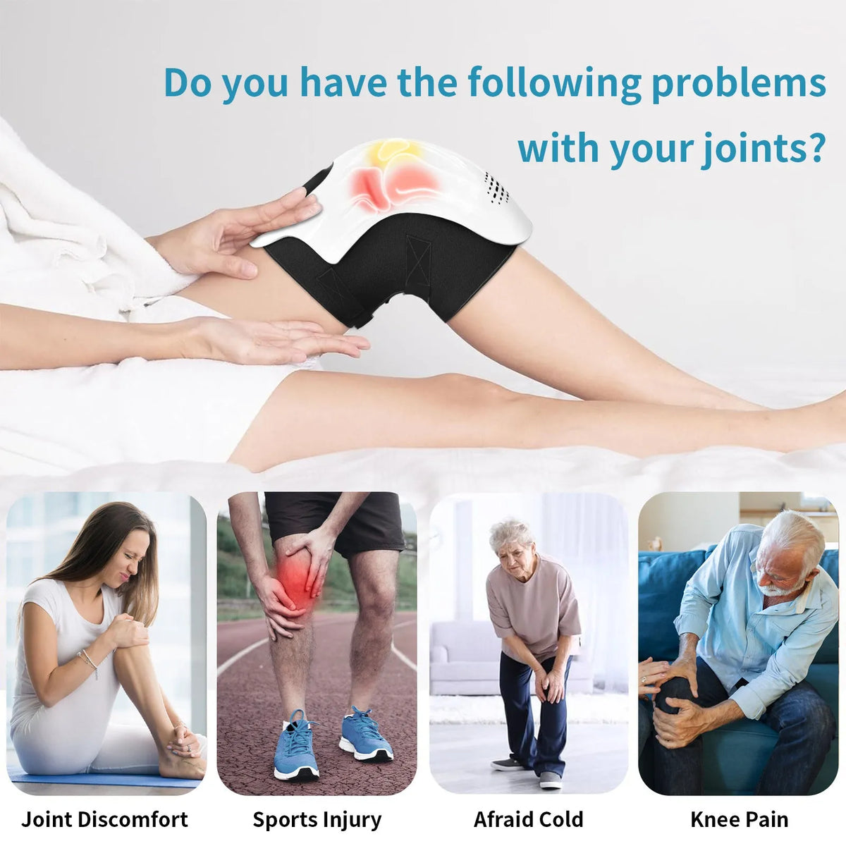 Intelligent electric knee massager with adjustable strap showing white and wood colour options
