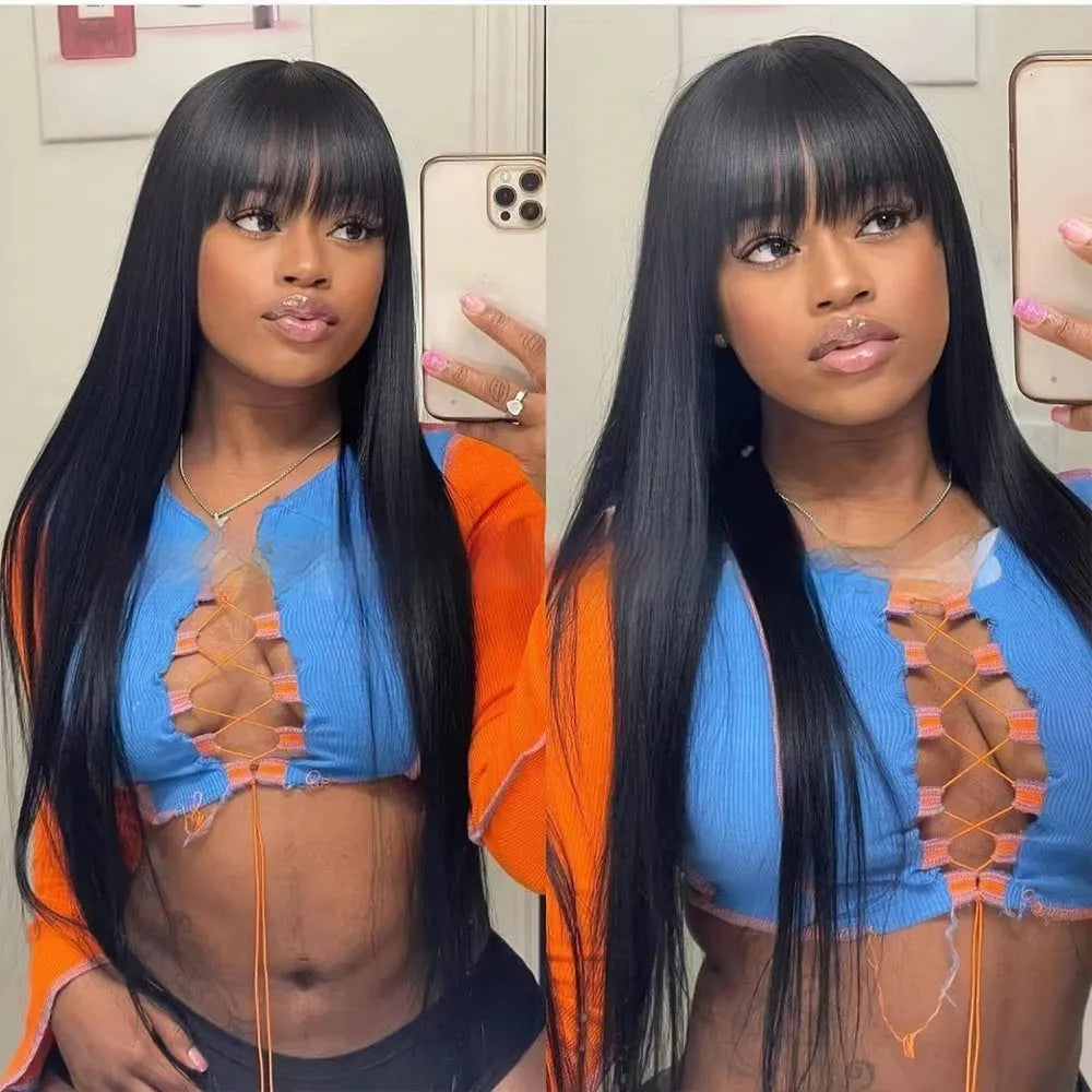 Women's human hair full lace wig with adjustable headgear in natural colour, showing length options
