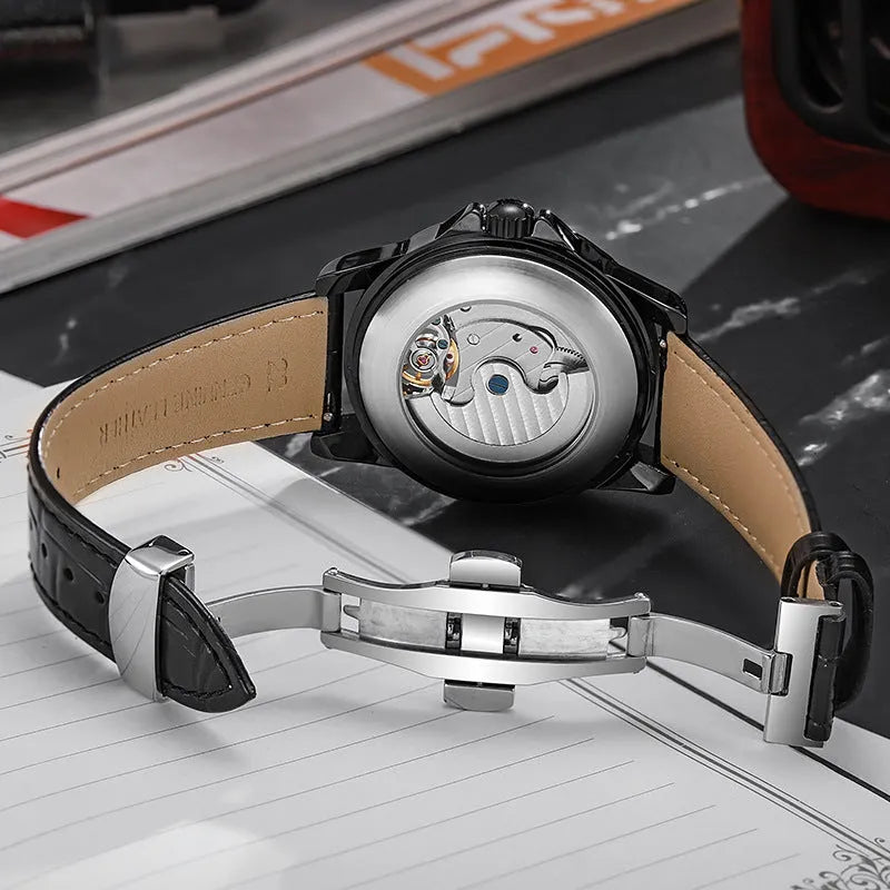 Men's automatic waterproof watch with luminous dial on stainless steel bracelet.