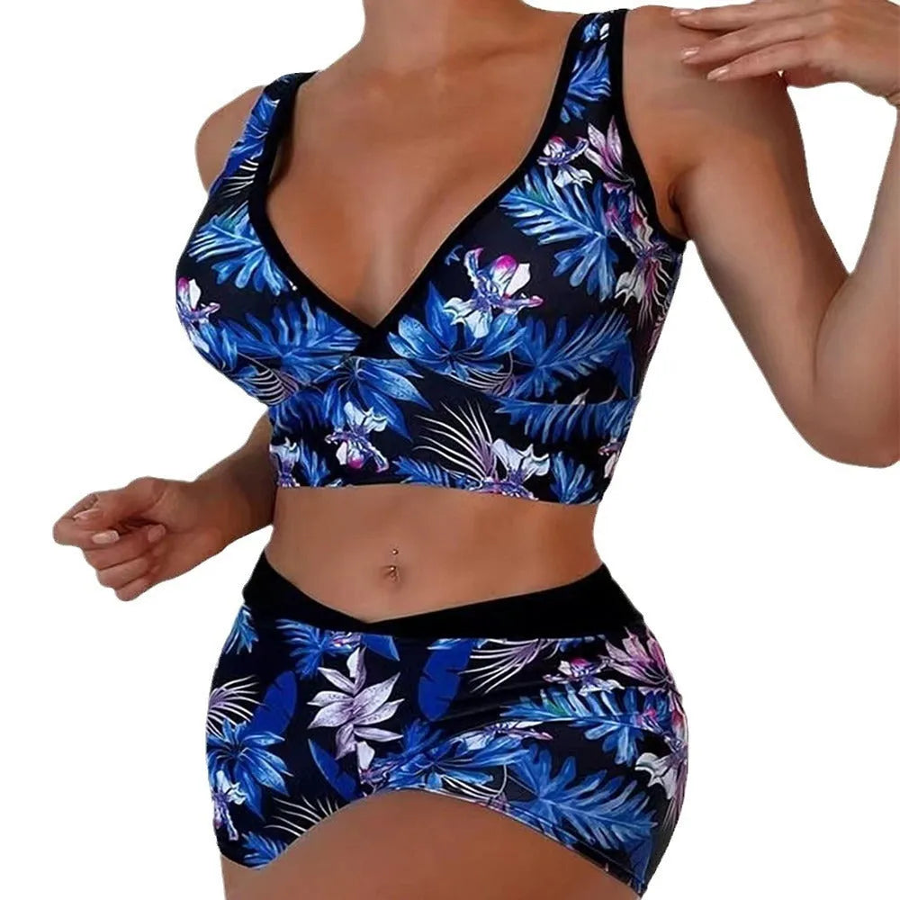 Women's two-piece swimsuit with sleeveless top and printed boxer briefs in multiple colour options.