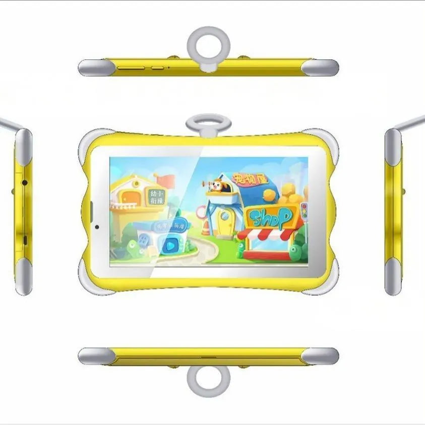 7-inch children's learning tablet with colourful cartoon design, showing screen interface and built-in stand
