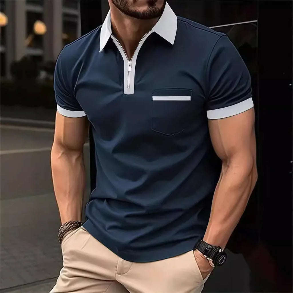 Men's loose fit short sleeve casual shirt with chest pocket and front zipper decoration.