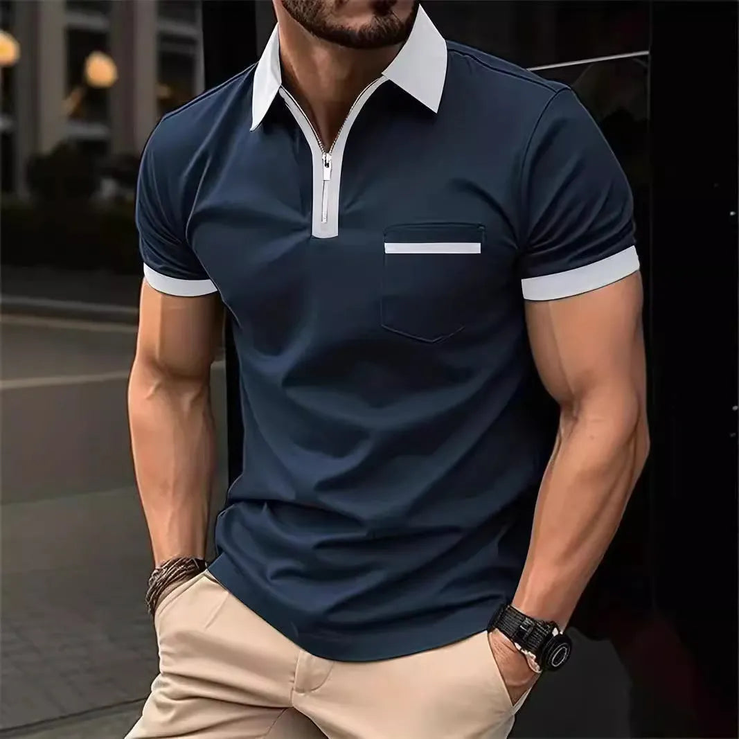 Men's loose fit short sleeve casual shirt with chest pocket and front zipper decoration.