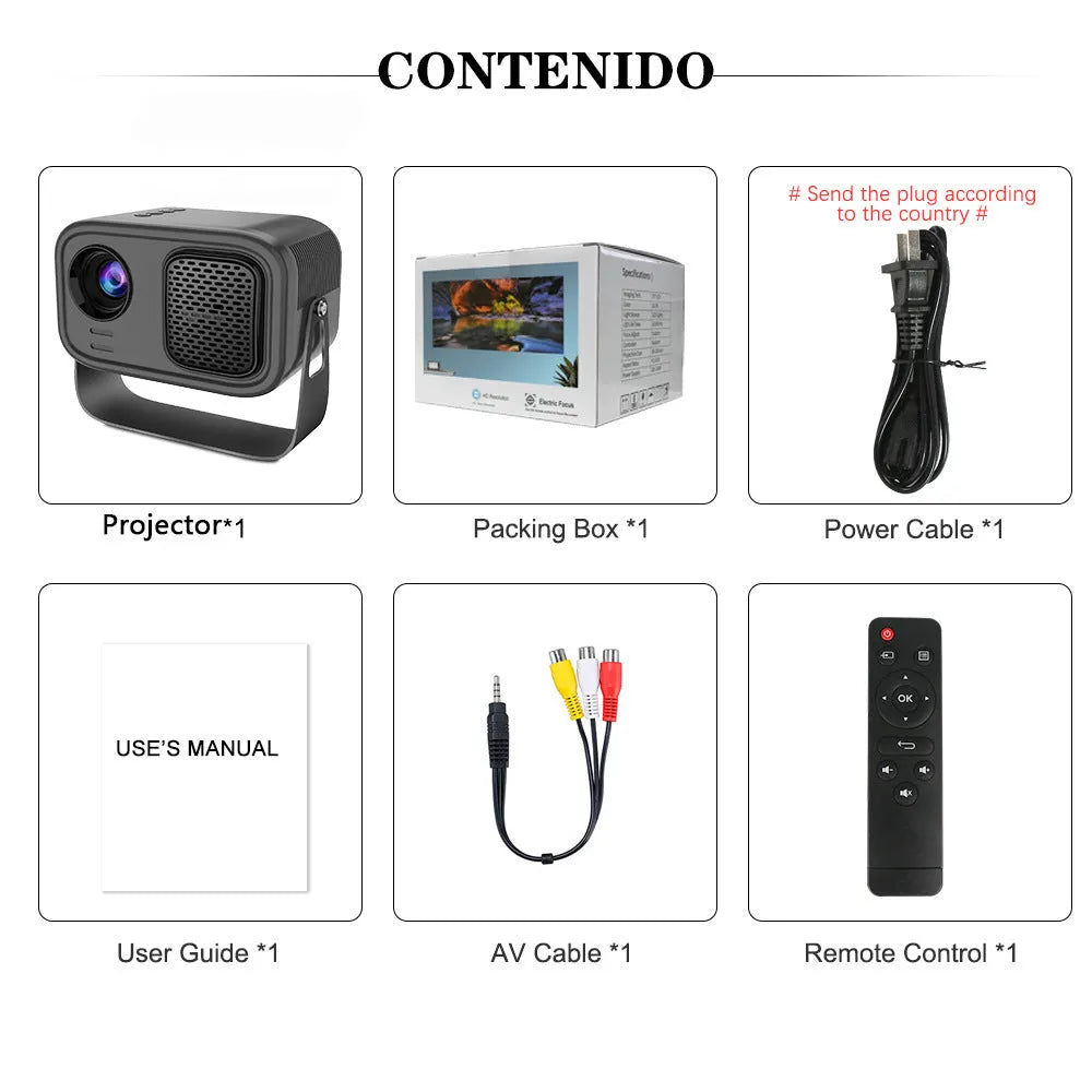 Black portable HD projector with remote control and multiple international power plugs