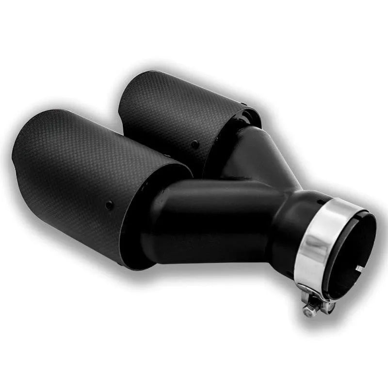 Black carbon fibre dual outlet car exhaust pipe tail nozzle, 250mm long