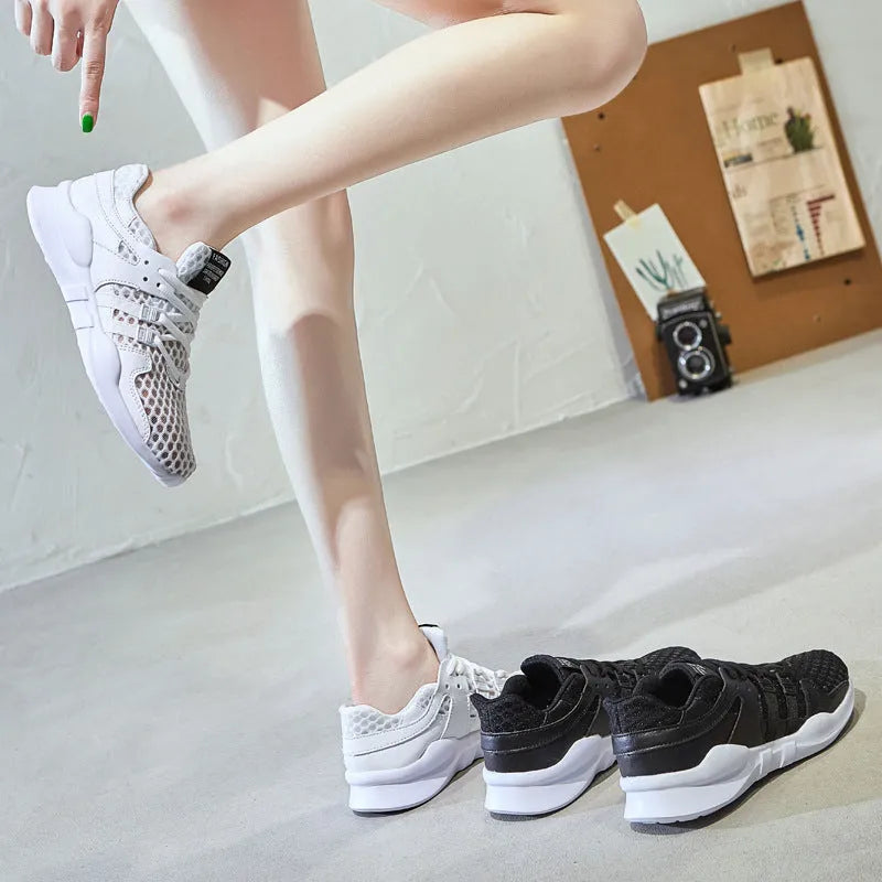 Low top hollow mesh sneakers with round toe and flat heel in breathable summer design
