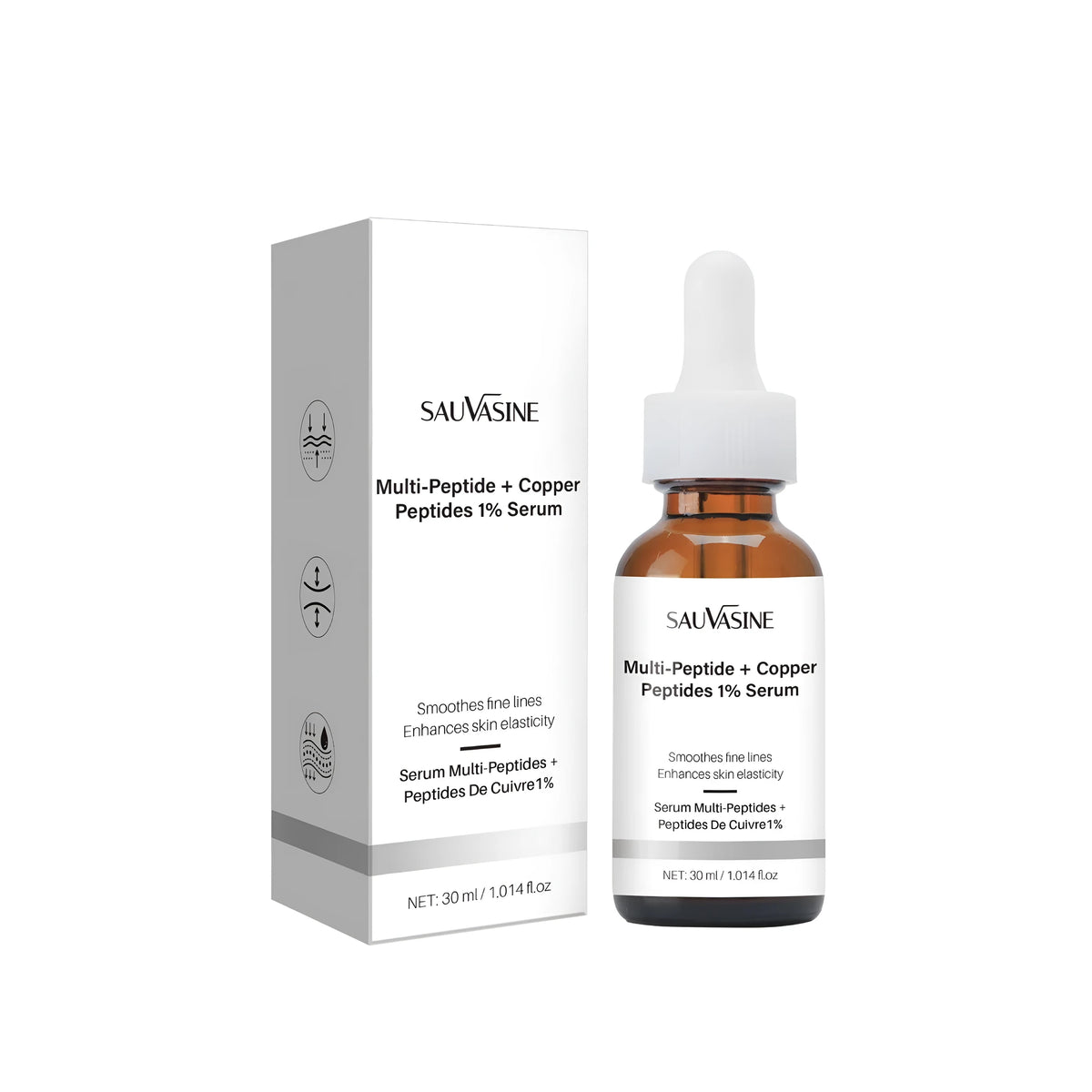 30ml bottle of moisturising oil for wrinkles, showing the 105mm tall, 34.5mm wide container.