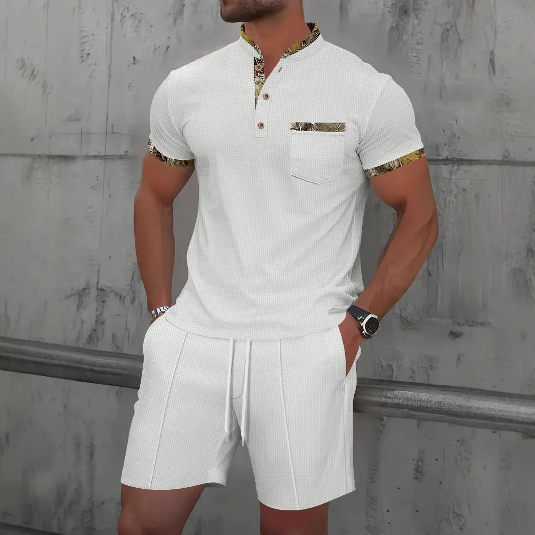 Men's grey waffle-texture zip polo collar short sleeve top and matching shorts on a hanger