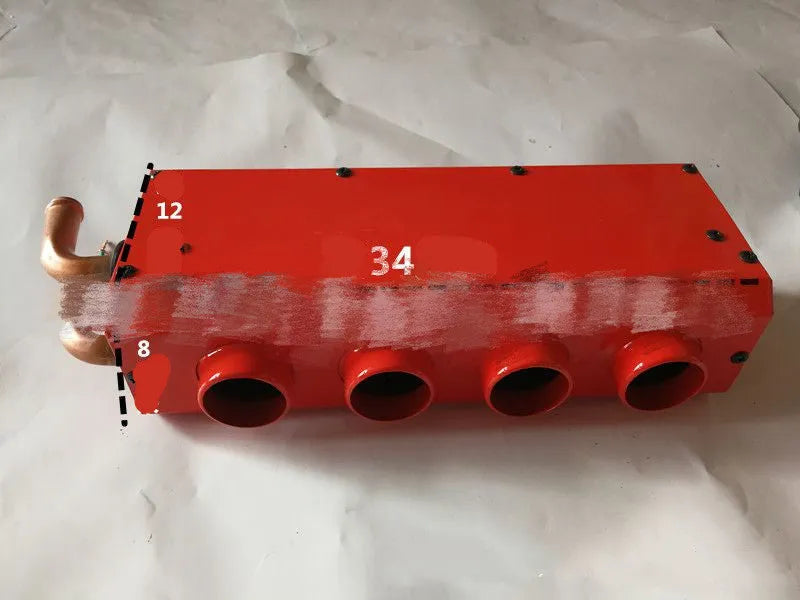 Metal car heater with small four-hole copper pipe connections for 12V and 24V vehicles