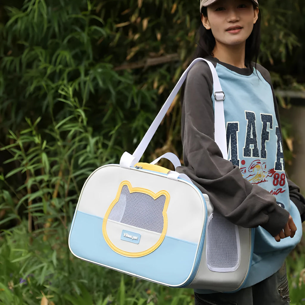 Foldable outdoor cat backpack carrier in blue colour with contrast pattern and adjustable straps