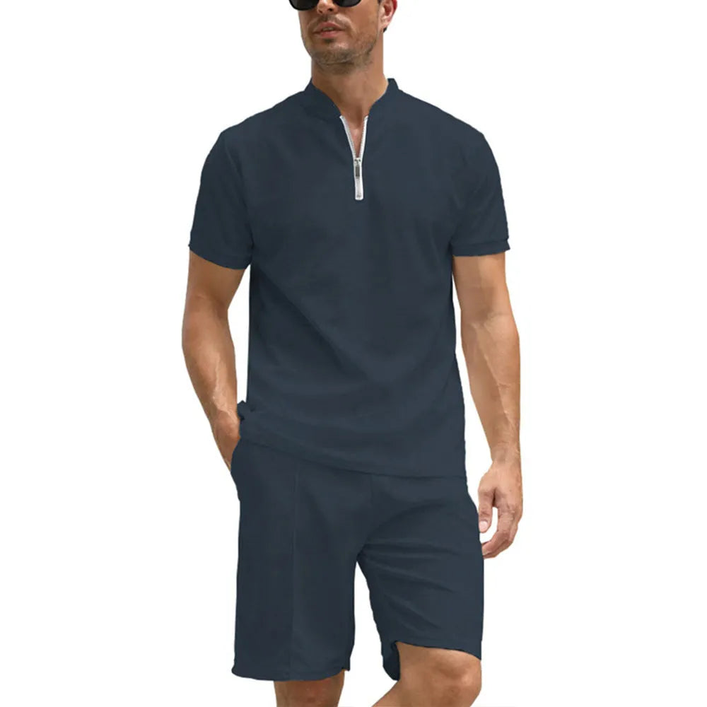 Men's solid colour polo shirt and trousers two-piece suit set on a hanger