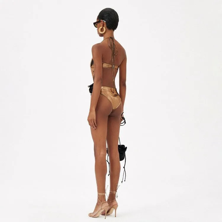 Gold handmade halter neck one-piece swimsuit with hollow-out detailing