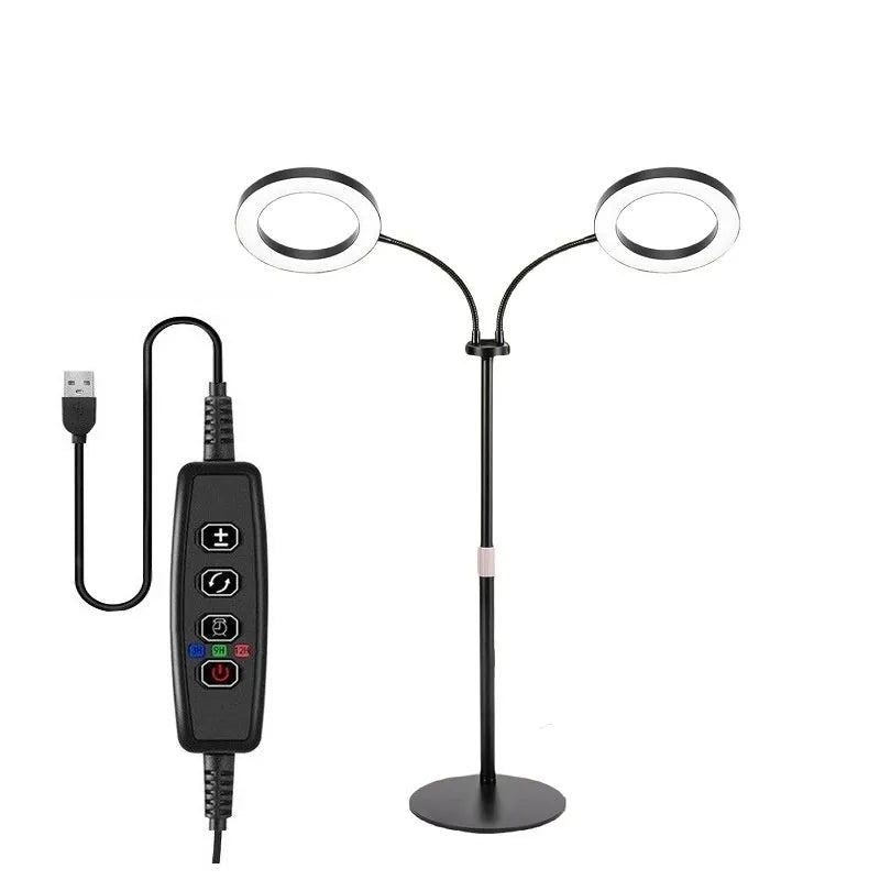 A white aluminium alloy retractable floor lamp with a 6-inch ring of 72 LED grow lights, extended to its full height.