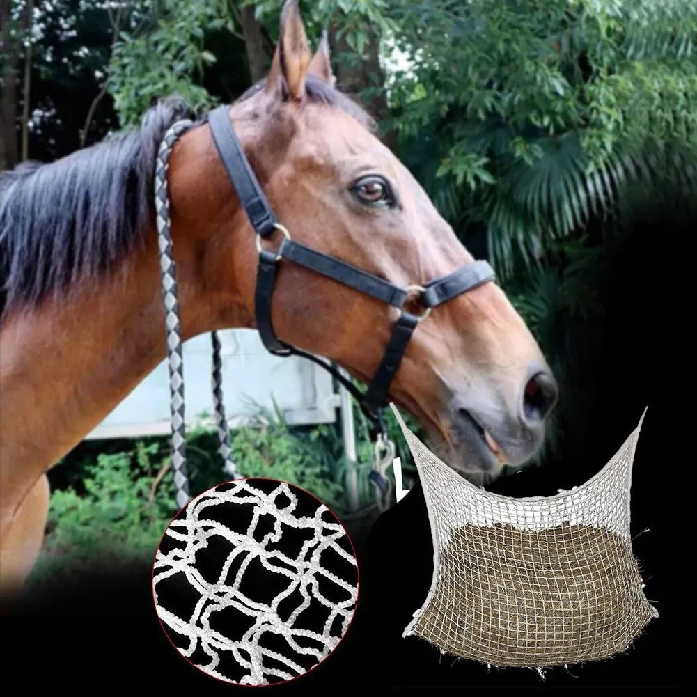 Woven grid hanging feeding bag made of PE rope, shown in black, suitable for horses and cattle.